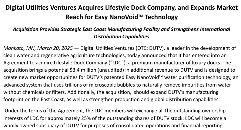 ToddAnalytics's tweet photo. ๐ข Digital Utilities Ventures (OTC: $DUTV) acquires Lifestyle Dock Co., expanding its reach & integrating Easy NanoVoidโข water purification into luxury docks. A major step in sustainable water tech! #EasyEnvironmentalSolutions #CleanWater #Sustainability #TradersQue
๐https://t.co/qLt6ZwmMv3