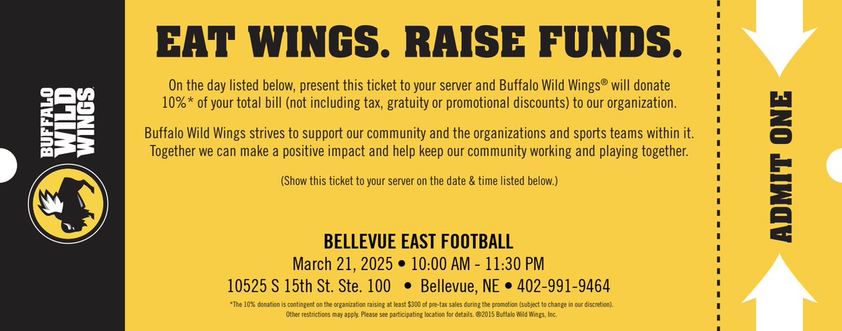 Bellevue East Football (@bellevueeastfb) on Twitter photo Come on out to <a href="/BWWings/">Buffalo Wild Wings</a> tomorrow! Check out some March Madness, enjoy some great food, & support Bellevue East Football!🚣
#Fundraiser #Wings #MarchMadness #BEASTfam #ChieftainFootball #RTB #ChangeYourBest #KeepgROWing #LetsROW #Discipline #Commitment #Toughness #BeSelfless #78% Come on out to <a href="/BWWings/">Buffalo Wild Wings</a> tomorrow! Check out some March Madness, enjoy some great food, & support Bellevue East Football!🚣
#Fundraiser #Wings #MarchMadness #BEASTfam #ChieftainFootball #RTB #ChangeYourBest #KeepgROWing #LetsROW #Discipline #Commitment #Toughness #BeSelfless #78%