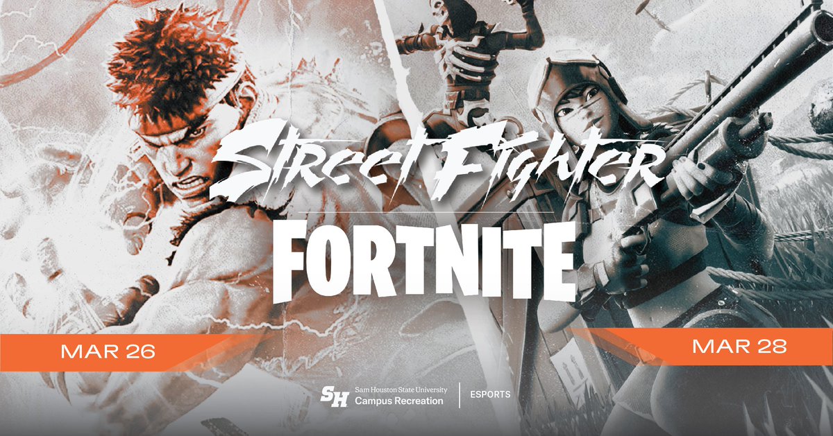Hey Bearkats, were coming back at you with some more gaming events! 
🥊 Street Fighter 🗓 March 26 | 6PM | CRC
🔫  Fortnite 🗓 March 28 | 6PM | Online

Don’t wait—register now on the FusionPlay App! 📱🏆

#YouBelongAtTheRec #Esports #StreetFighter #Fortnite
