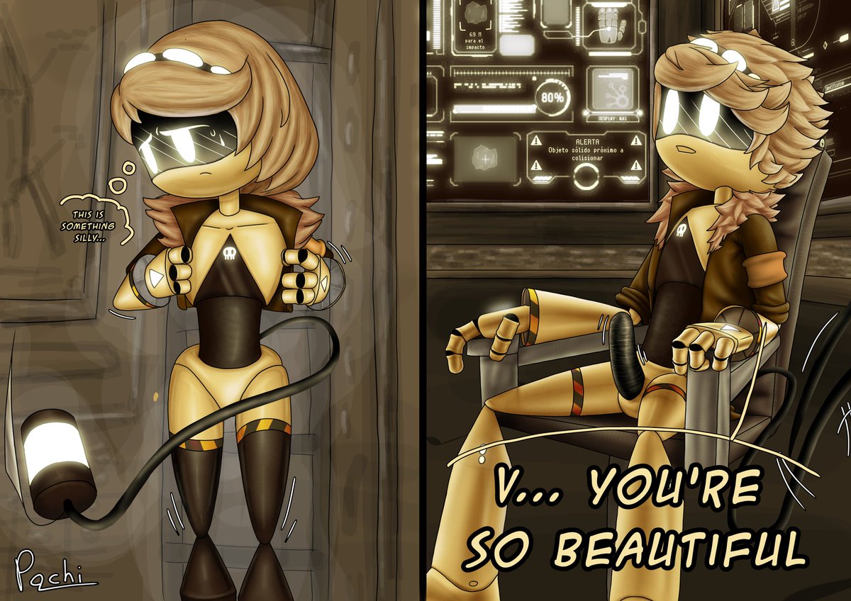 Small distracción in the ship 💛💛🚀
(Traducido al español en el ALT)

#murderdrones #murderdronesnsfw #SerialDestinationV #Envy #NxV #VxN #SerialDestinationN