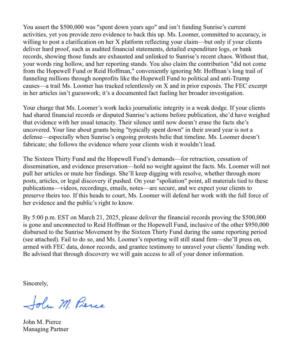 Laura Loomer (@lauraloomer) on Twitter photo BREAKING:
My lawyer <a href="/johnmarkpierce/">John M. Pierce</a> and I just responded to Joshua Levy <a href="/joshlevyesq/">Joshua A. Levy</a>, the lawyer who has been hired by the Soros funded Hopewell Fund and Sixteen Thirty Fund to threaten to sue me as a way to silence my investigative reporting about their financial support of the BREAKING:
My lawyer <a href="/johnmarkpierce/">John M. Pierce</a> and I just responded to Joshua Levy <a href="/joshlevyesq/">Joshua A. Levy</a>, the lawyer who has been hired by the Soros funded Hopewell Fund and Sixteen Thirty Fund to threaten to sue me as a way to silence my investigative reporting about their financial support of the