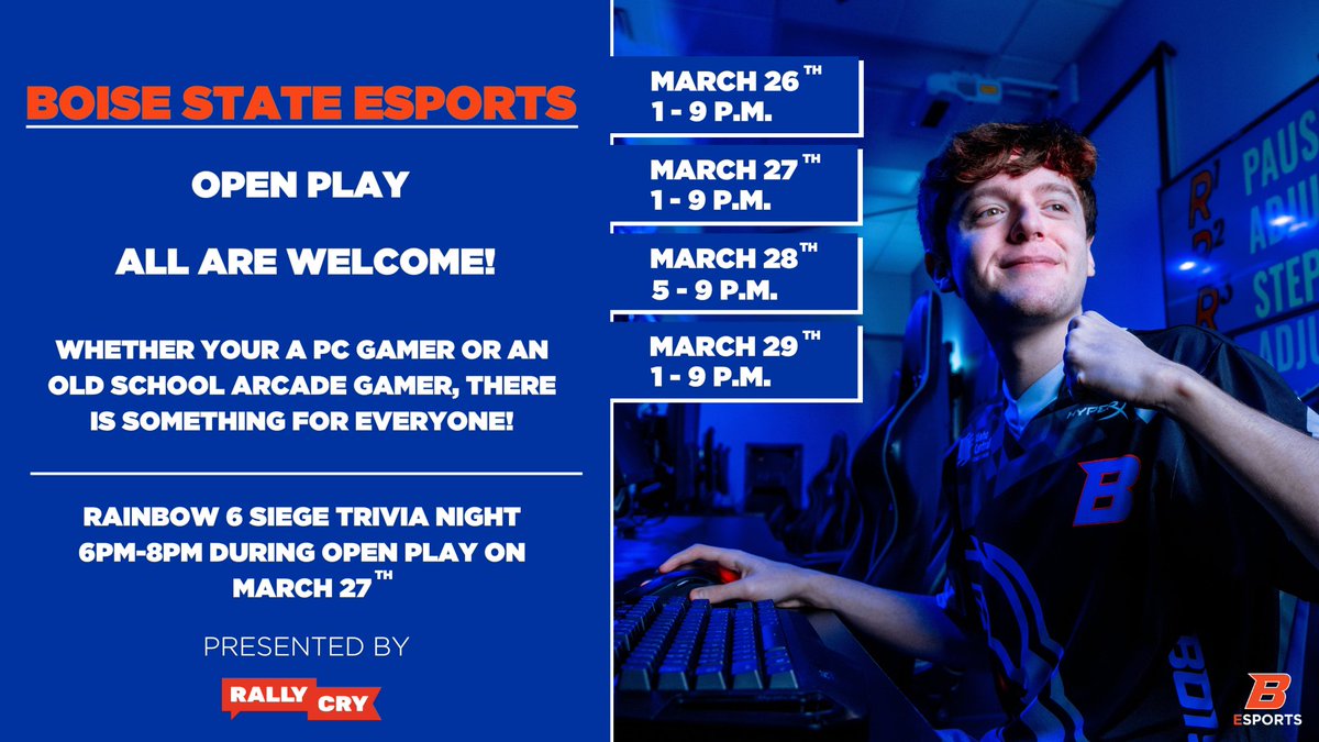 Boise State Esports Open Play <a href="/hackfortfest/">Hackfort</a> . Join us for an epic gaming experience during Hackfort! From March 26th, 27th, and 29th the Boise State Esports Arena will be hosting Open Play sessions from 1 PM to 9 PM. See you soon!

<a href="/treefortfest/">Treefort Music Fest</a> #Hackfort  #Hackfort2025