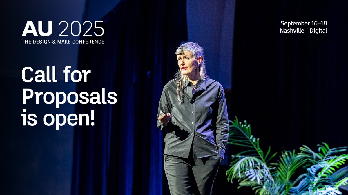 autodesku's tweet photo. 📣 Are you advancing practices in your field, connecting the design and make processes from end-to-end, or pushing the boundaries with new technology? 🎤 The #AU2025 stage awaits! Submit your proposal today and join us in shaping the future. ▶️ https://t.co/tipomu4ODW https://t.co/9oWOYyrxjl