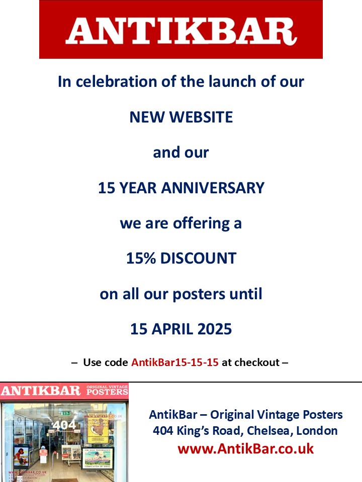 ✨New Website Launch + Anniversary Offer!✨ 

Enjoy a 15% discount on all our original vintage posters at our gallery and online until 15 April in celebration of our 15 year anniversary and launch of our new website — AntikBar.co.uk 

#AntikBar #VintagePosters