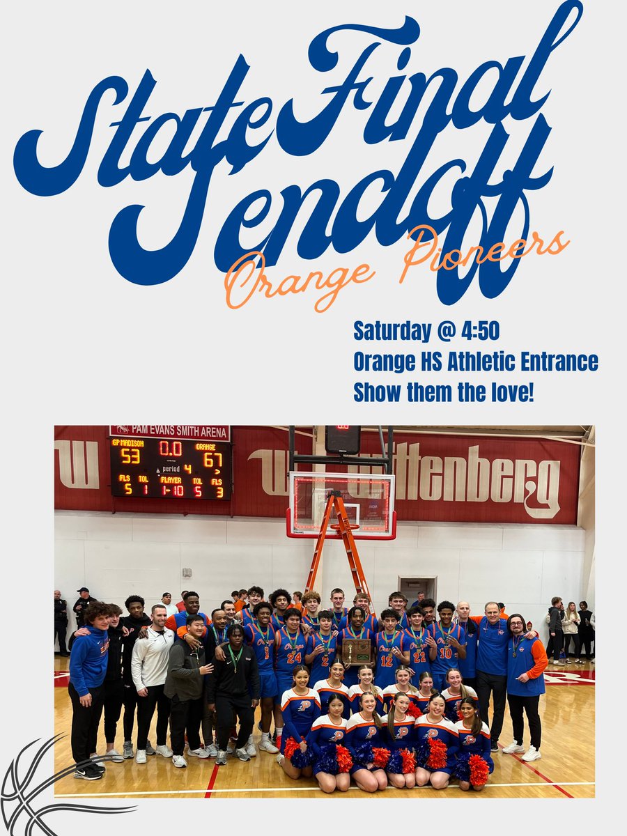 Jeff Knupp (@jeffreymknupp) on Twitter photo <a href="/OrangeHS_AD/">Orange HS Athletics</a> <a href="/OrangePioneers/">Orange Basketball</a> supporters, please head out to the High School Athletic Entrance on Saturday at 4:50PM to send off the players, cheerleaders and coaches as they head off to Dayton for the D1 Championship Game! <a href="/OrangeHS_AD/">Orange HS Athletics</a> <a href="/OrangePioneers/">Orange Basketball</a> supporters, please head out to the High School Athletic Entrance on Saturday at 4:50PM to send off the players, cheerleaders and coaches as they head off to Dayton for the D1 Championship Game!