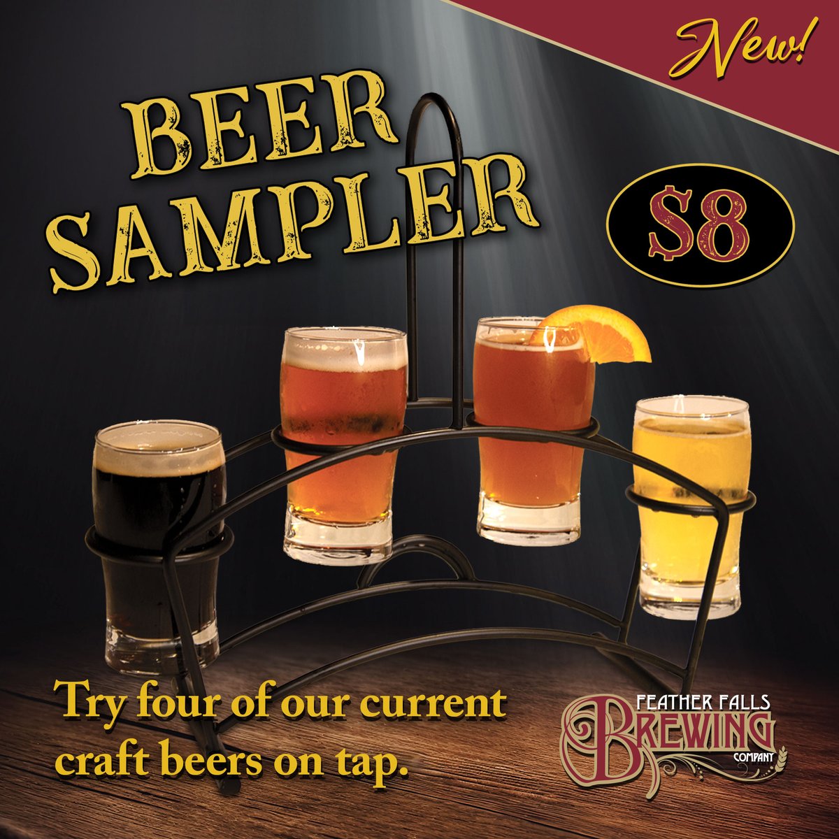 Our #BeerSampler is here – because why pick just one? For only $8, enjoy a flight of four of our rotating craft beers on tap. IPA, stouts, lagers, ales - you never know what you might discover! Perfect for #craftbeer lovers &amp; newbies alike! #featherfallsbrewingco