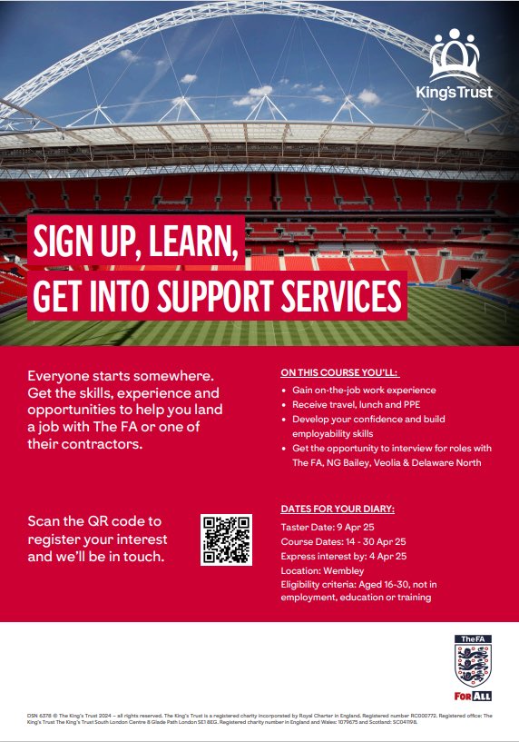 Wembley Community Club is offering a brilliant opportunity for 16–30-year-olds in Brent, who are not in education, employment or training.
 
The club is running an employability programme with The King’s Trust (formally known as The Prince’s Trust). See the attached flyer.