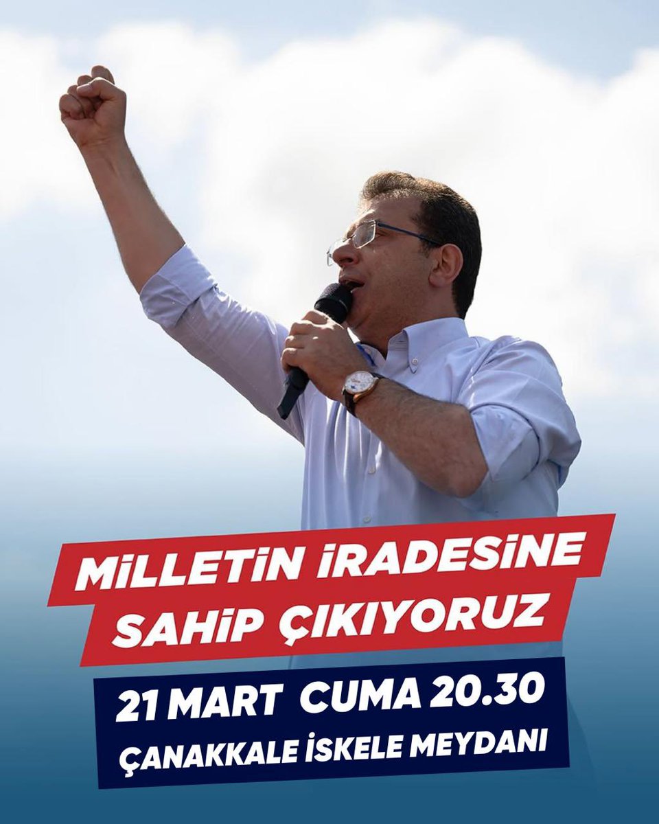 MuharremErkek17's tweet photo. Milletin iradesine sahip çıkıyoruz!

🗓️ 21 Mart Cuma 20.30
📍 Çanakkale İskele Meydanı 

#İmamoğluMilleteEmanet https://t.co/47Ipq7TjLT