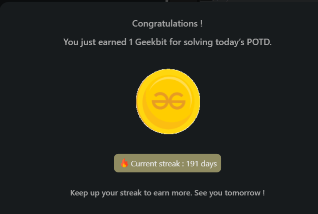 rishavkr206's tweet photo. Day 191✅
@geeksforgeeks
"GfG 160"-160 Days of Problem Solving (Day 126)
#geekstreak2025 #gfg160
Problem = Stock Buy and Sell – Max 2 Transactions Allowed
#gfg160 #100daysofcodechallenge #dsa #CodingChallenge #probemSolving #100DaysOfCode #100dayschallenge #WorkHard https://t.co/VLgPmqi0cJ