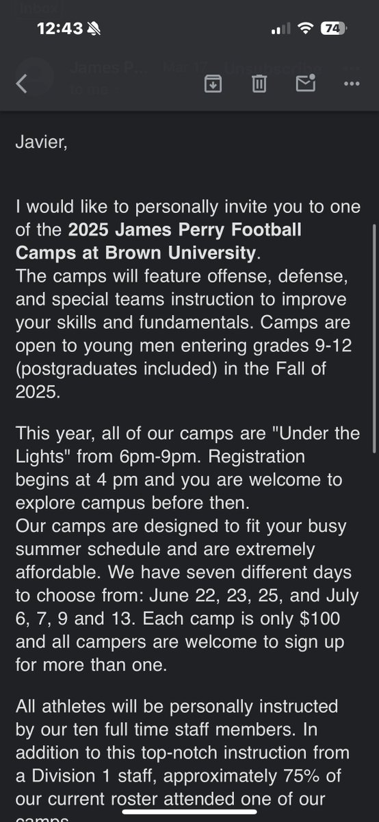 Javier Jauregui (@javijauregui_) on Twitter photo Thank you, <a href="/BrownHCPerry/">James Perry '00</a>, for the personal football camp invite at <a href="/BrownU_Football/">Brown Bears Football</a> this summer. Looking forward to getting out there!
<a href="/EtiwandaFB/">Etiwanda High Football</a> <a href="/EHigh_Athletics/">EtiwandaAthletics</a> <a href="/Pcoachdub1/">Coach Phil Wash</a> Thank you, <a href="/BrownHCPerry/">James Perry '00</a>, for the personal football camp invite at <a href="/BrownU_Football/">Brown Bears Football</a> this summer. Looking forward to getting out there!
<a href="/EtiwandaFB/">Etiwanda High Football</a> <a href="/EHigh_Athletics/">EtiwandaAthletics</a> <a href="/Pcoachdub1/">Coach Phil Wash</a>