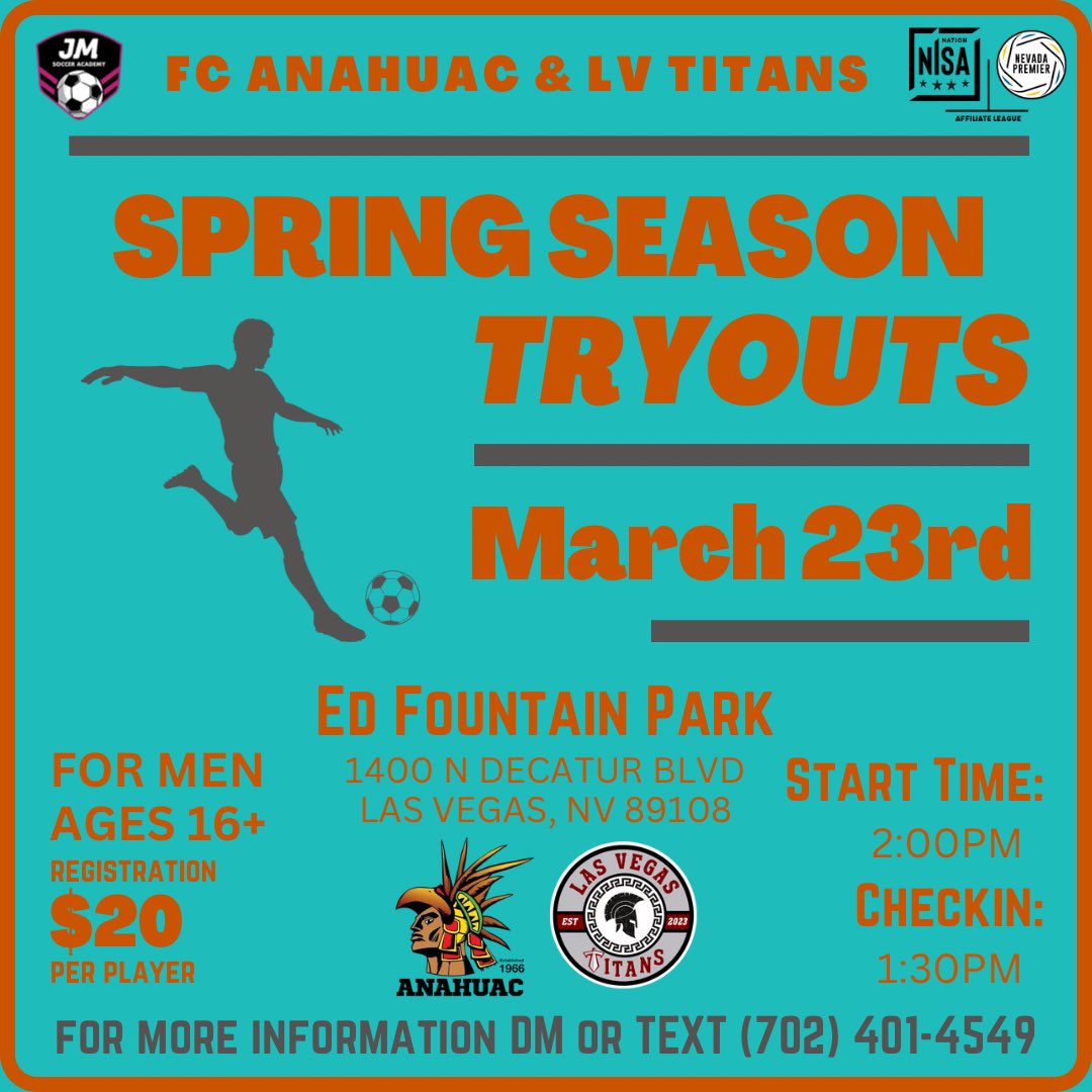 We’re excited to see you at tryouts this weekend! Join us on March 23rd at 2 PM, where coaches from FC Anahuac (NISA Nation) and Las Vegas Titans (Nevada Premier League) will be in attendance looking for new talent. We can’t wait to see you on the field!