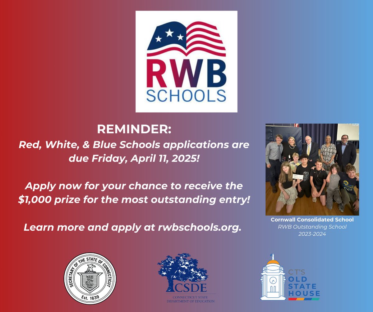 Connecticut's Old State House (@ctoldstatehouse) on Twitter photo 📣Teachers & administrators: is your school going above & beyond in the delivery of civic education? Apply to be a 2024-2025 Red, White & Blue School by April 11! One "Outstanding School" will also receive $1,000! Learn more & apply: rwbschools.org.
<a href="/EducateCT/">CT Dept of Education</a> <a href="/CTSotS/">Office of the Connecticut Secretary of the State</a> 📣Teachers & administrators: is your school going above & beyond in the delivery of civic education? Apply to be a 2024-2025 Red, White & Blue School by April 11! One "Outstanding School" will also receive $1,000! Learn more & apply: rwbschools.org.
<a href="/EducateCT/">CT Dept of Education</a> <a href="/CTSotS/">Office of the Connecticut Secretary of the State</a>