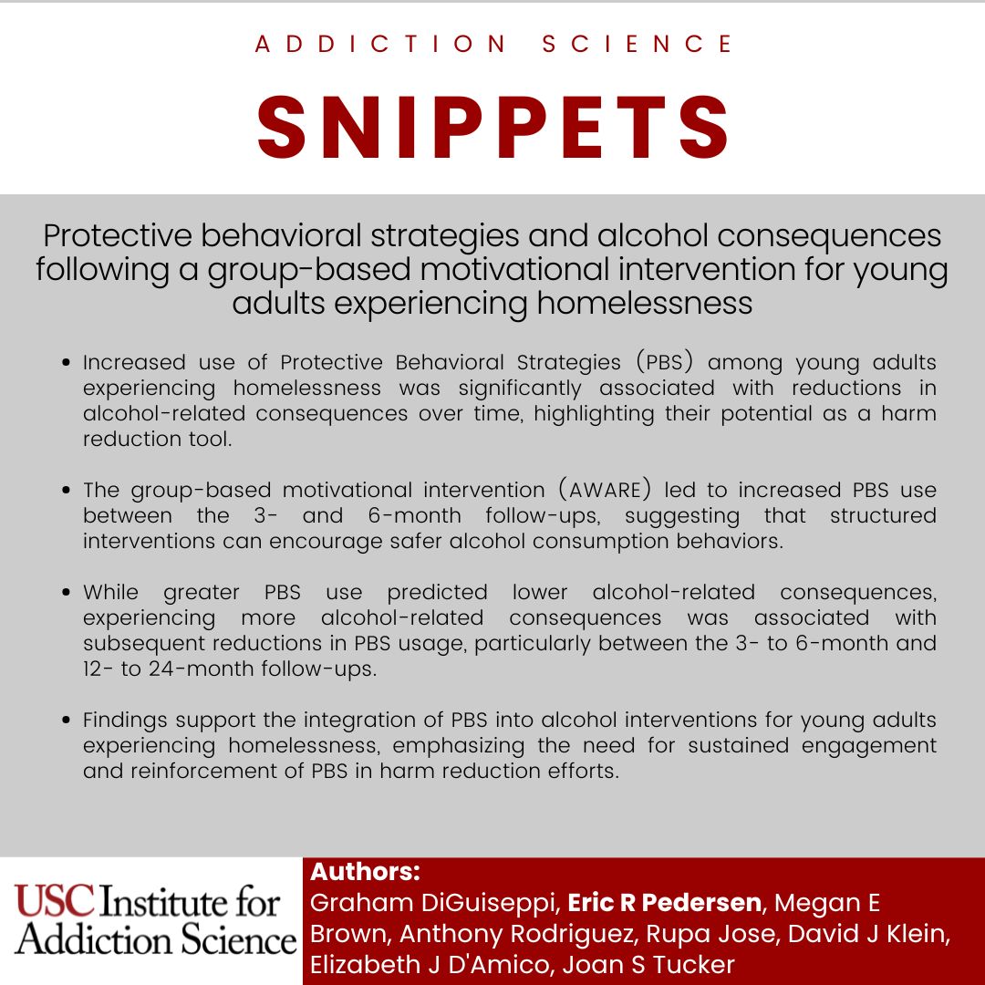 IASatUSC's tweet photo. #AddictionScienceSnippets of the week highlights "Protective behavioral strategies and alcohol consequences following a group-based motivational intervention for young adults experiencing homelessness" by Graham DiGuiseppi, Megan E Brown, Anthony Rodriguez, Rupa Jose, David J Klein, Elizabeth J D'Amico, Joan S Tucker, and #IASMember @ericRpedersen 😀
Read the full article here (link also in our bio):
https://t.co/SgbQKRvGHM
#usc #fighton #trojans #usctrojans #IASatUSC #InstituteforAddictionScience #AddictionScience #Addiction #SubstanceUse #SubstanceUseDisorder #HarmReduction