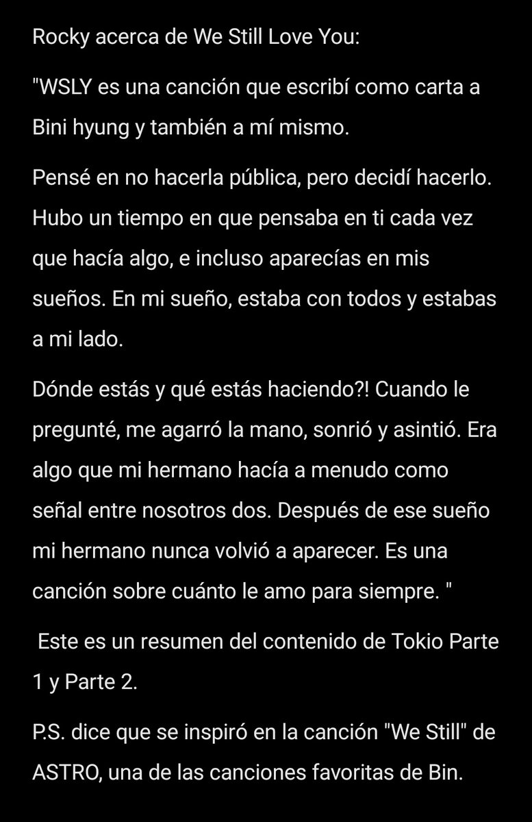 rockylatam_MX's tweet photo. OP comparte el discurso que Rocky dió en el concierto de Tokio acerca de We still love you: 

Sabíamos de antemano que WSLY es una canción importante para Rocky,en si misma ya es una canción hermosa pero al saber el significado tras ella es aún más bella y especial 🤍

#라키 https://t.co/ALsmkSSUlm