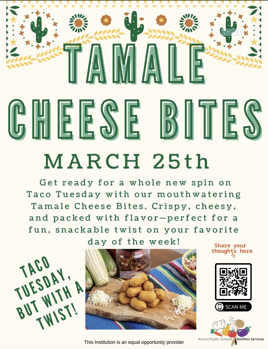 apsnutritionk12's tweet photo. Get ready for a whole new spin on Taco Tuesday with Tamale Cheese Bites โ coming March 25! ๐ Crispy, cheesy, and packed with flavor, theyโre the perfect snackable twist on your favorite day of the week.
#ATeam #auroraco #Auroracolorado #oneaurora #theAteam #excellenceinAPS https://t.co/MLtcxzSCjb
