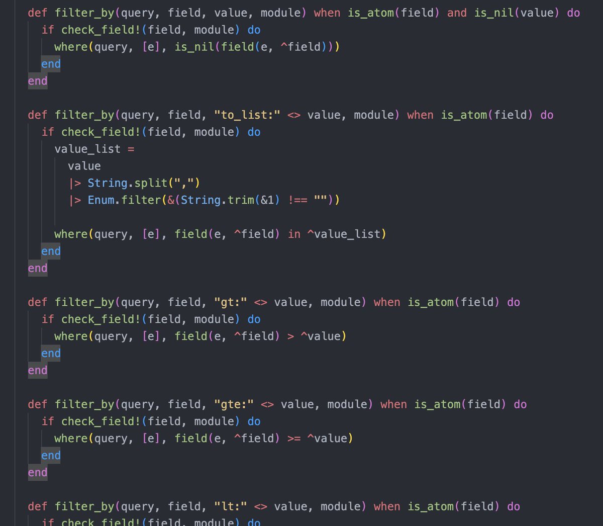 invictus_john's tweet image. You should create a filter_by for your #Ecto model,  just to increase your code reusability 
Imagine filtering your date field without extra code on your side ie
Booking |&amp;gt; Customer.filter_by(:start_date, &quot;between:2020-01-01,2020-12-31&quot;)
#myelixirstatus
#elixirlang