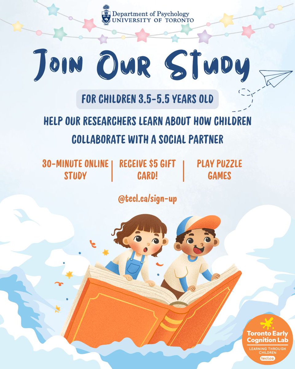 ⭐️ Join the Toronto Early Cognition Lab for fun online studies for toddlers aged 3.5 to 5.5!

🧩 Play games and solve puzzles with your little one and contribute to research in cognition, persistence, and theory of mind.

🎁 Receive $5 gift cards

📝 Sign up link in our bio!