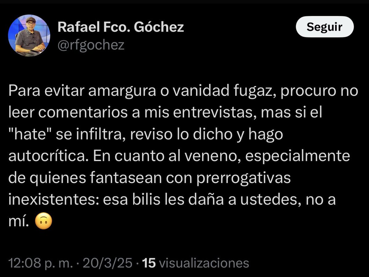musikeys1's tweet photo. “No leo comentarios para evitar la amargura… pero si el hate se infiltra, reviso y hago autocrítica” dice @rfgochez.
Traducción: No me importa lo que digan, excepto cuando sí me importa, pero igual los desacredito llamándolo #bilis y #veneno.
“Librepensador”, pero solo como insignia.
“Escéptico”, pero NUNCA CON EL PODER.
“Autocrítico”, pero a conveniencia.
Al final, el único dogma que sigue es el de justificar lo injustificable mientras presume superioridad intelectual.
La logia del servilismo ilustrado.