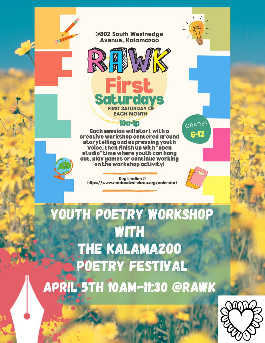 ReadWriteKzoo's tweet image. Join us as RAWK teams up with Kalamazoo Poetry Festival for a youth poetry experience centered on the theme of Gratitude! This is a chance for middle and high school students in Kalamazoo County to connect through the power of words. 

Register now at readandwritekzoo.org/schedule/first…