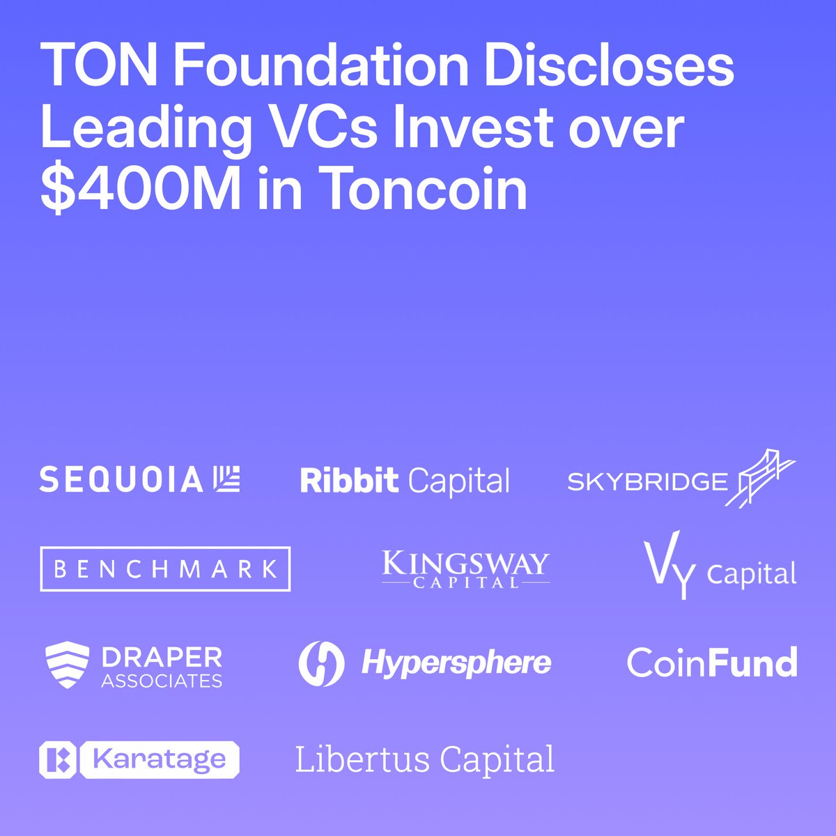 TON 💎 (@ton_blockchain) on Twitter photo 💎TON Foundation recently disclosed over $400M in $TON held by top VCs, including <a href="/sequoia/">Sequoia Capital</a>, <a href="/RibbitCapital/">Ribbit Capital</a>, <a href="/benchmark/">Benchmark</a>, Kingsway, Vy Capital, <a href="/drapervc/">Draper Associates</a>, Libertus Capital, <a href="/coinfund_io/">CoinFund</a>, <a href="/hypersphere_/">Hypersphere</a>, <a href="/SkyBridge/">SkyBridge</a>, and <a href="/Karatage_/">Karatage</a>
Let’s welcome them to the ecosystem and read the 💎TON Foundation recently disclosed over $400M in $TON held by top VCs, including <a href="/sequoia/">Sequoia Capital</a>, <a href="/RibbitCapital/">Ribbit Capital</a>, <a href="/benchmark/">Benchmark</a>, Kingsway, Vy Capital, <a href="/drapervc/">Draper Associates</a>, Libertus Capital, <a href="/coinfund_io/">CoinFund</a>, <a href="/hypersphere_/">Hypersphere</a>, <a href="/SkyBridge/">SkyBridge</a>, and <a href="/Karatage_/">Karatage</a>
Let’s welcome them to the ecosystem and read the