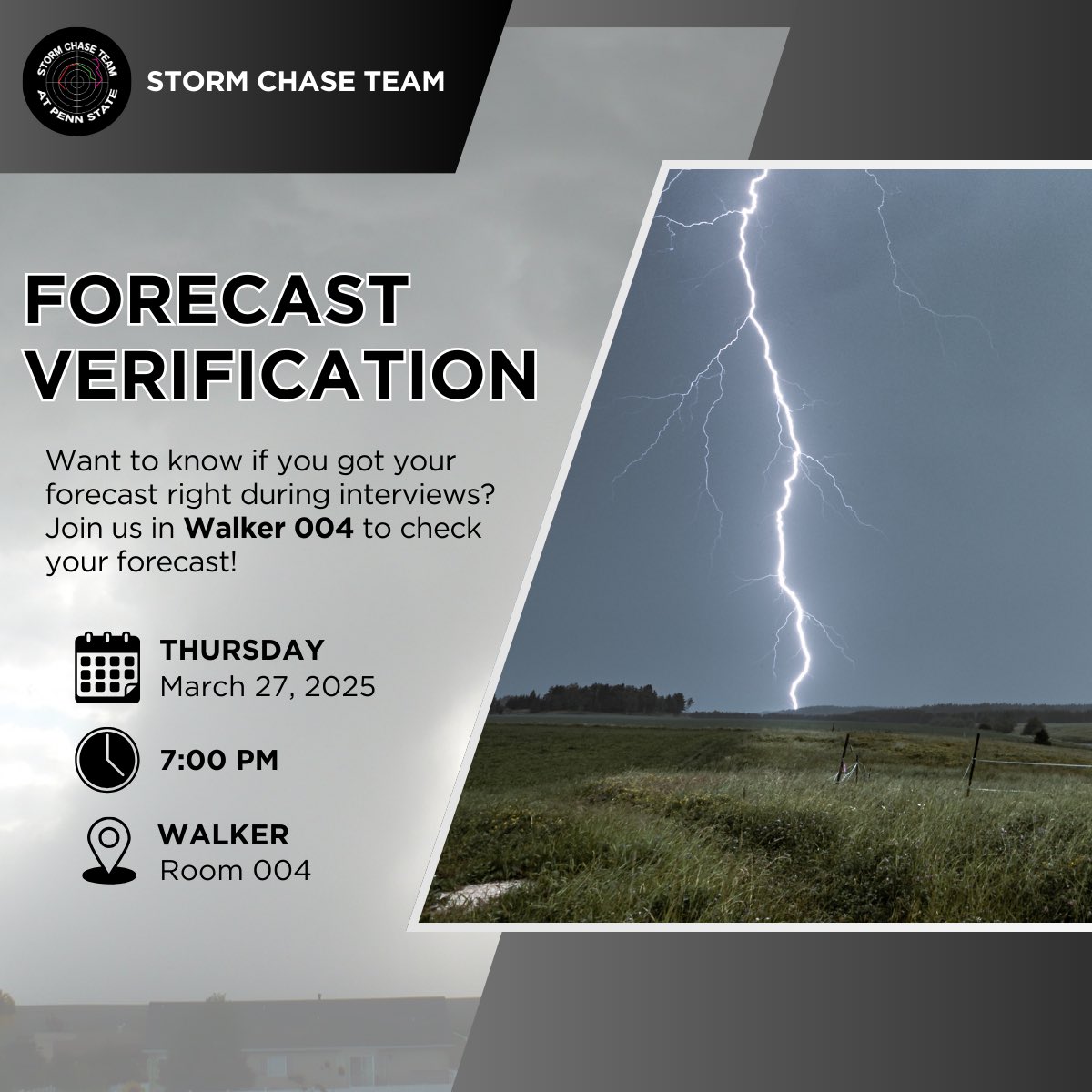 StormChaseTeam's tweet image. DATE CHANGE: Our next meeting will be next THURSDAY, where we’ll discuss the forecast from interviews. Join us to see if your forecast verified! ⛈️
📍7:00pm on Thursday March 27, 2025 in Walker 004