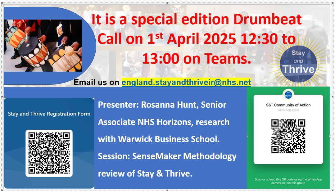#StayAndThrive (@stayandthrive) on Twitter photo Join ur Drumbeat Call with <a href="/rosielhunt/">Rosanna Hunt</a> <a href="/HorizonsNHS/">NHS Horizons</a> <a href="/Sch4Change/">School4ChangeAgents</a> hear the purpose 4review & contribute yo experience of #StayAndThrive research & open discussion. We look 4ward 2hearing fromU new or seasoned positive deviants of ur COA
🥁 1st April 2025
⌚️12:30 to 13:00
🕹️virtual Join ur Drumbeat Call with <a href="/rosielhunt/">Rosanna Hunt</a> <a href="/HorizonsNHS/">NHS Horizons</a> <a href="/Sch4Change/">School4ChangeAgents</a> hear the purpose 4review & contribute yo experience of #StayAndThrive research & open discussion. We look 4ward 2hearing fromU new or seasoned positive deviants of ur COA
🥁 1st April 2025
⌚️12:30 to 13:00
🕹️virtual