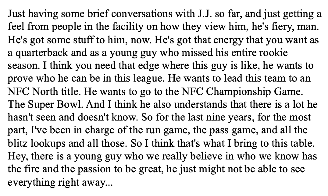SeifertESPN's tweet photo. New Vikings C Ryan Kelly said he has had "some brief conversations" with J.J. McCarthy. Called him "fiery" and added: "He's got some stuff to him." Here's most of Kelly's answer about how he is in a unique position to help the youngster who remains QB1 on the depth chart. https://t.co/ZGoOq58uXy