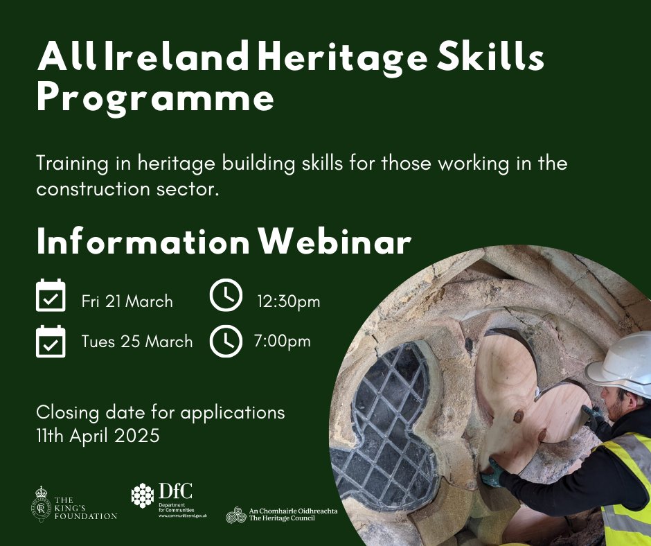 The first of two information webinars on the All Ireland Heritage Skills Programme takes place tomorrow Friday 21st March at 12.30pm. 

For details on how to join see ow.ly/PS0950VlCms