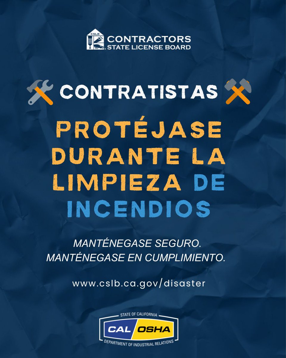 CSLB's tweet photo. La limpieza de incendios forestales puede ser peligrosa. Cal/OSHA exige el uso de EPP para proteger a los trabajadores.
📌 Sigue las normas de Cal/OSHA para mantenerse seguro.
📌 Más información: https://t.co/6S1H07IcQM
#CSLB #CalOSHA #WildfireCleanup #PPE @CA_DIR https://t.co/74u47w8lHr