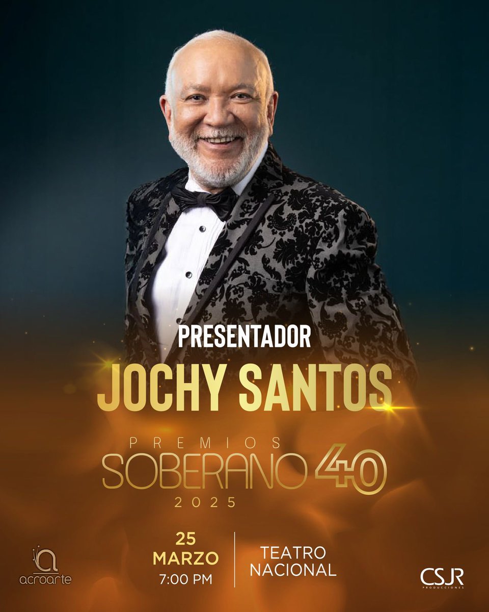 ✨¡CONFIRMADO! ✨
El único y más completo de la comunicación dominicana, Jochy Santos, celebra la noche más bella del mundo: Premios Soberano 2025. ✨

🗓️Martes 25 de Marzo
🕖 7:00 pm 
📍Teatro Nacional 

#PremiosSoberano
