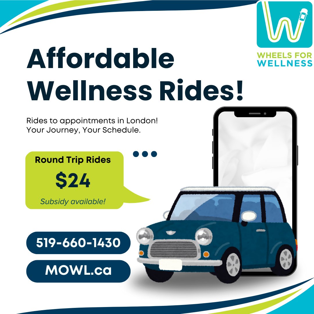 MOWLondon's tweet image. Never miss another appointment! 📅

Affordable transportation costs just $24 round trip! 💚💙
If you qualify for subsidy, your cost will be even lower! 🌟

Come experience the best #RideService in #LdnOnt. 🚙
Learn More: 👉 bit.ly/MOWLTransporta…