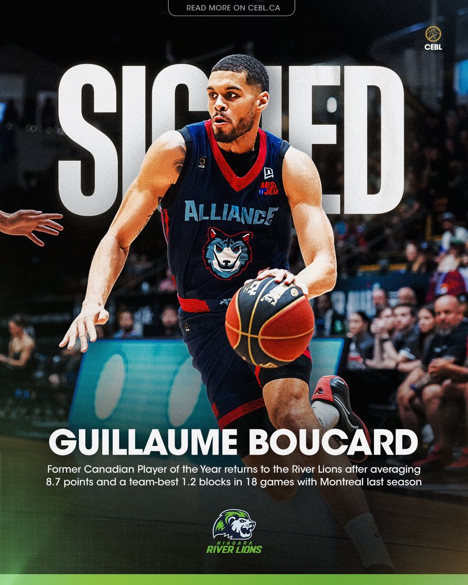 Départ de <a href="/mtl_alliance/">Alliance de Montréal</a> :

Guillaume Boucard (F) signe avec les champions en titre, les <a href="/RiverLions/">Niagara River Lions</a>, pour l'été 2025.

L'ancien Joueur canadien de l'année a disputé trois saisons ('19, '20, '21) à Niagara, avant de produire 8.7 PTS, 5.6 REB, 1.5 STL et 1.2 BLK à Montréal en '24.