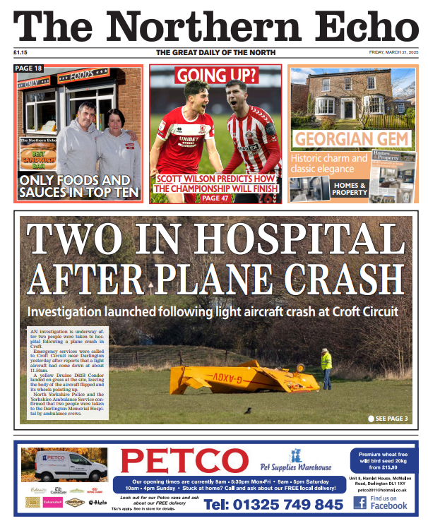 Nick Gullon (@echonickg) on Twitter photo Friday's <a href="/TheNorthernEcho/">The Northern Echo</a> 🗞️
Investigation underway as two taken to hospital following plane crash near Darlington
✍️<a href="/alexoljourno/">Alex O'Leary</a>
📸<a href="/SarahCaldecott/">Sarah Caldecott Photographer</a>
#TomorrowsPapersToday Friday's <a href="/TheNorthernEcho/">The Northern Echo</a> 🗞️
Investigation underway as two taken to hospital following plane crash near Darlington
✍️<a href="/alexoljourno/">Alex O'Leary</a>
📸<a href="/SarahCaldecott/">Sarah Caldecott Photographer</a>
#TomorrowsPapersToday