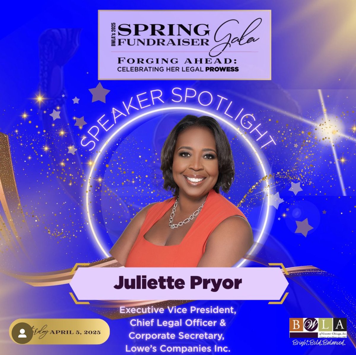 BWLAChicago's tweet photo. BWLA is honored to have Juliette Pryor, Executive Vice President, Chief Legal Officer and Corporate Secretary of Lowe's, as a featured speaker at this year's BWLA Spring Fundraiser Gala, Forging Ahead: Celebrating Her Legal Prowess!

Purchase your Gala tickets today! https://t.co/JHDTvVadjA