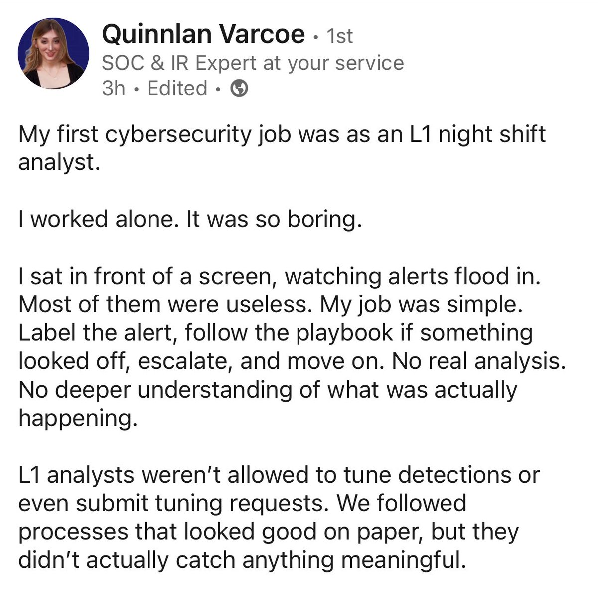cyb3rops's tweet image. Quinlanโs post hits the nail on the head - most SOC analysts are stuck doing monotonous work thatโs far below their true potential. Watching endless alerts is mind-numbing; letโs be honest, a machine should do that.
I totally agree with her point about the value of givingโฆ