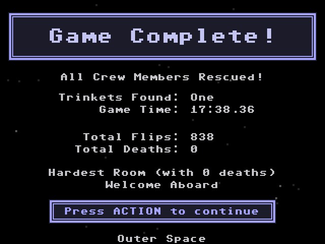 VVVVVV war der erste Precision Platformer, den ich je gespielt habe und ist das 3DS-Spiel, welches ich am meisten gespielt habe. Heute, knapp 13 Jahre später, habe ich das Spiel zum ersten Mal im No Death Mode durchgespielt. Es fühlt sich so surreal an! :D