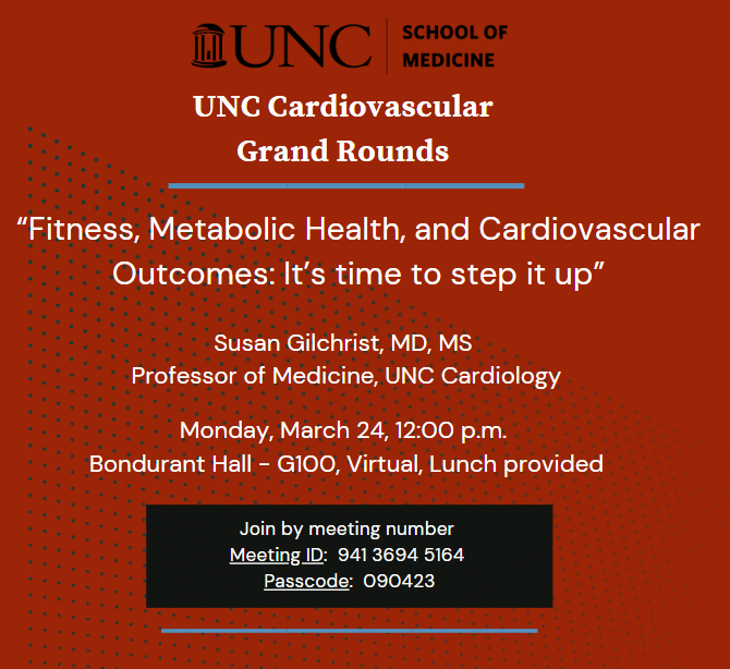 UNC Division of Cardiology (@unccardiology) on Twitter photo Susan Gilchrist, MD, MS, Professor of Medicine, UNC Cardiology, will be our next Cardiology Grand Rounds speaker on Monday, March 24. <a href="/UNC_SOM/">UNC School of Medicine</a> <a href="/UNCDeptMedicine/">UNC Department of Medicine</a> <a href="/UNC_Health_Care/">UNC Health</a> #CardioEd
Join from the Zoom meeting link:
go.unc.edu/m2P4S Susan Gilchrist, MD, MS, Professor of Medicine, UNC Cardiology, will be our next Cardiology Grand Rounds speaker on Monday, March 24. <a href="/UNC_SOM/">UNC School of Medicine</a> <a href="/UNCDeptMedicine/">UNC Department of Medicine</a> <a href="/UNC_Health_Care/">UNC Health</a> #CardioEd
Join from the Zoom meeting link:
go.unc.edu/m2P4S