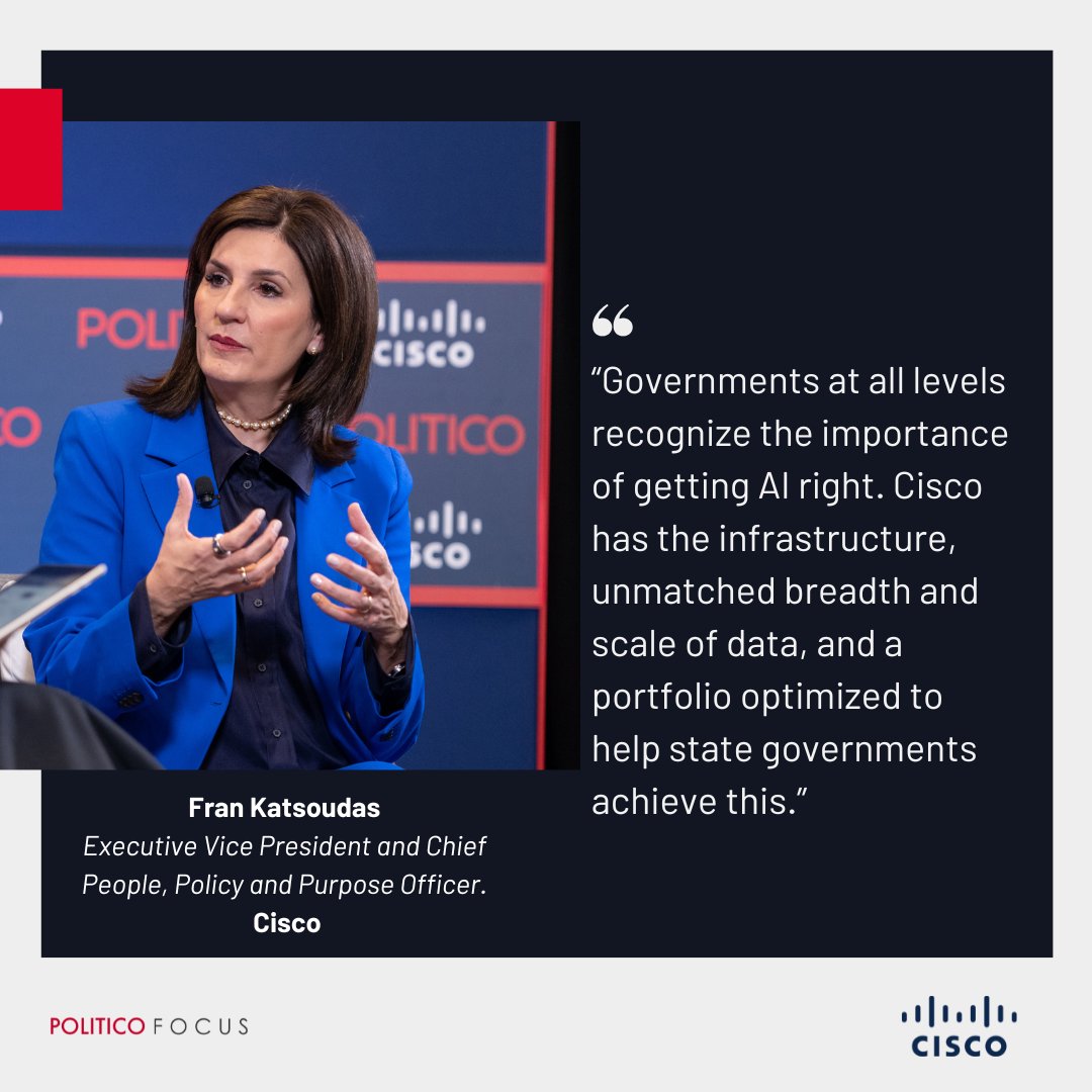 How can state governments capitalize on AI without compromising security? Read key insights from
<a href="/FranKatsoudas/">Francine Katsoudas</a> with <a href="/Cisco/">Cisco</a>, one of the world’s largest AI infrastructure providers, at POLITICO's Governors Summit. bit.ly/4j0jDUL <a href="/Cisco/">Cisco</a> sponsored content on @POLITICO.