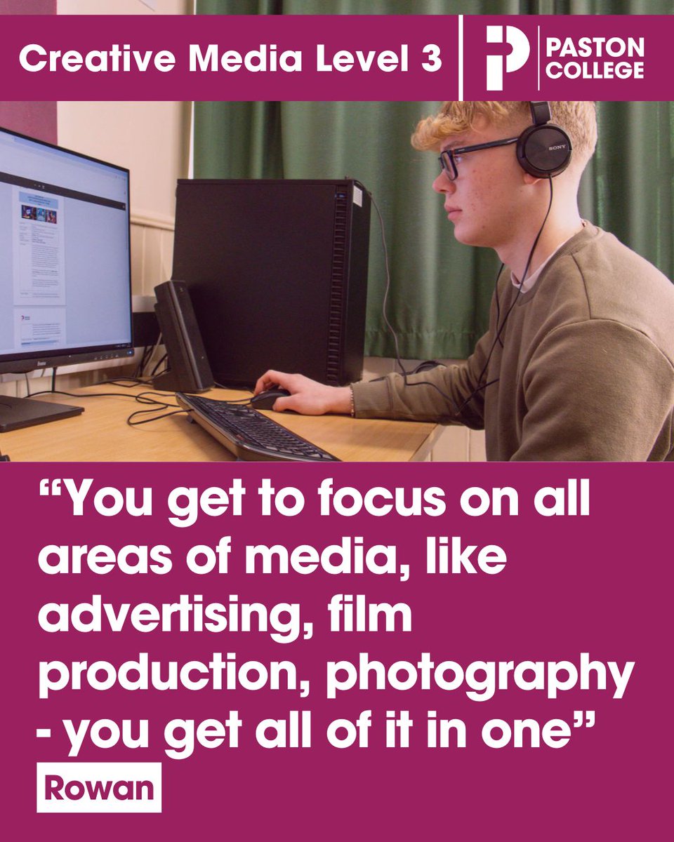 On our Creative Media course you will gain a practical understanding of a wide range of creative production techniques.

Find out more: paston.ac.uk/16-18/subject-…
