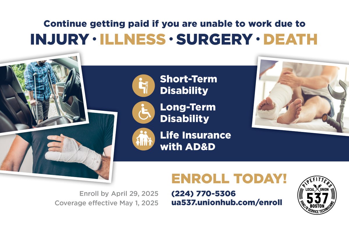 Active members can now enroll in Pipefitters Local 537’s Income Protection benefits to help replace lost income if they can’t work due to injury, illness, surgery, mental health conditions, substance abuse treatment, or death.

Members are guaranteed approval. Call 224-770-5306
