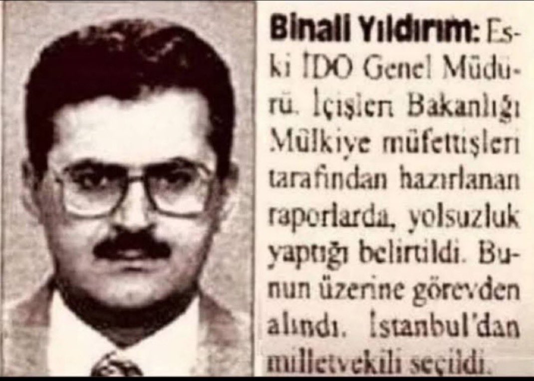 Binali Yıldırım'ın İDO Genel Müdürü iken Maliye Müfettişleri tarafından yolsuzluk yaptığı tespit edilince görevden alınmasına rağmen,

👉 Milletvekilliği, 
👉 Başbakanlık,
👉 Bakanlık, 
👉 İstanbul Büyükşehir BB adaylığı ve daha birçok görevi kendisine layık görüldü