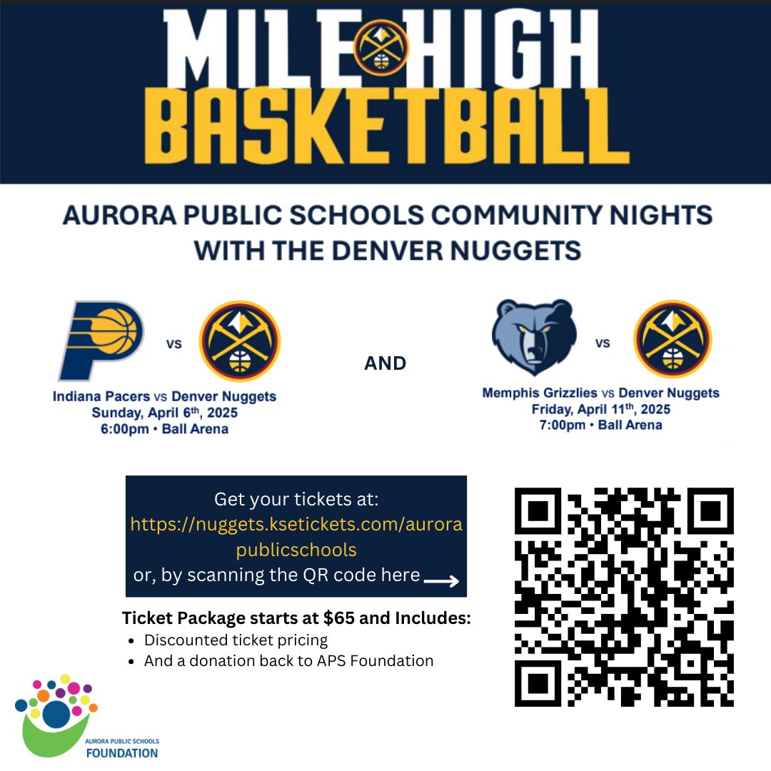 The APS Foundation (@aps_foundation) on Twitter photo Cheer on the <a href="/nuggets/">Denver Nuggets</a> for two exciting nights of basketball!
$5 from every ticket sold goes to the APS Foundation to support programs for students and educators! 🏀💙💛
Purchase your tickets here: nuggets.ksetickets.com/aurorapublicsc… Cheer on the <a href="/nuggets/">Denver Nuggets</a> for two exciting nights of basketball!
$5 from every ticket sold goes to the APS Foundation to support programs for students and educators! 🏀💙💛
Purchase your tickets here: nuggets.ksetickets.com/aurorapublicsc…