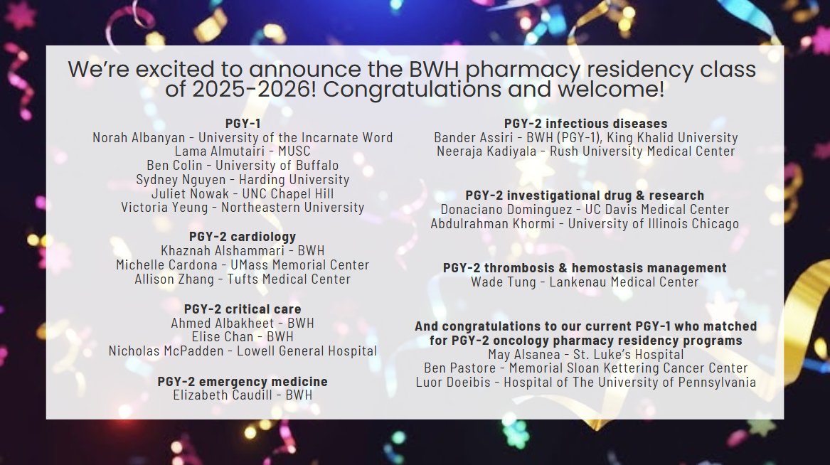 We are so excited to announce our 2025-2026 pharmacy residency class! Looking forward to an amazing year! #TwitteRx #PharmRes 🎉🥳
