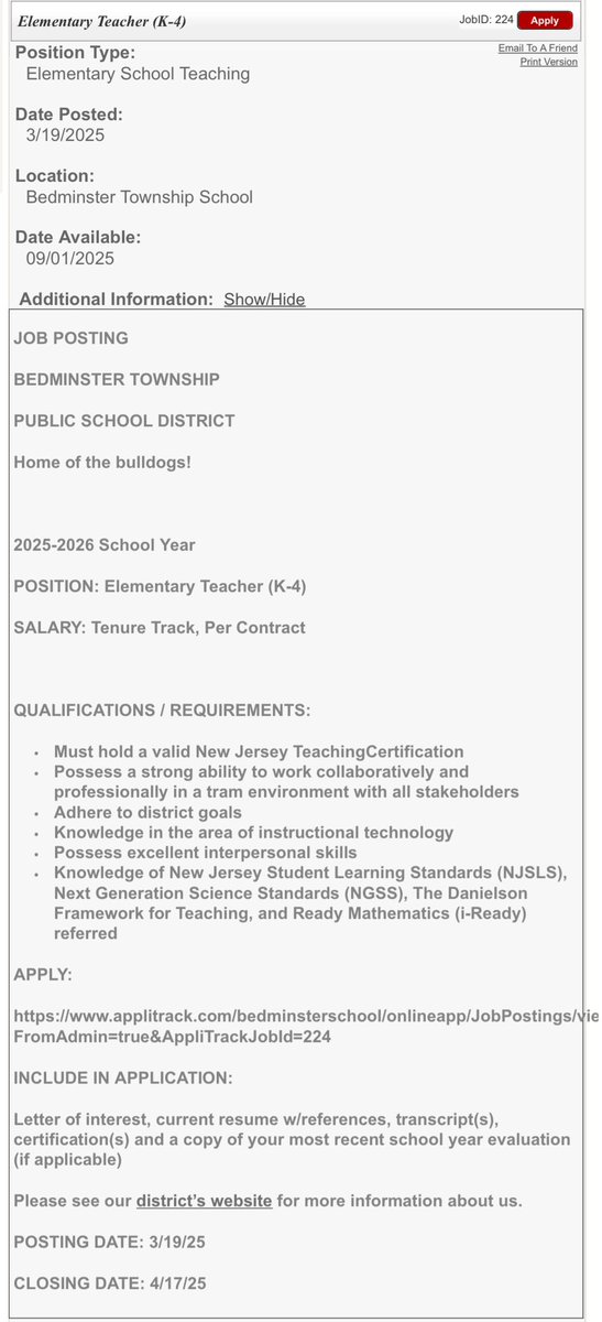Bedminster Township School is seeking a dynamic, energetic, passionate, and student centered elementary (K -4) teacher to join our already amazing team. If you or someone you know has these qualifications, we encourage all to apply on our website. #BedminsterSchool