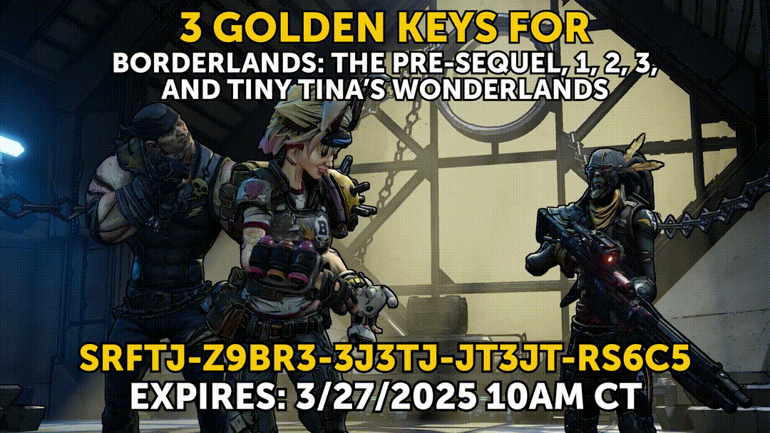 GET IT!  Free loot keys for Borderlands, TPS, 2, 3, and Wonderlands with this SHiFT code:

SRFTJ-Z9BR3-3J3TJ-JT3JT-RS6C5

Redeem in-game or at shift.gearbox.com. Expires 3/27.

Good luck, and happy looting!