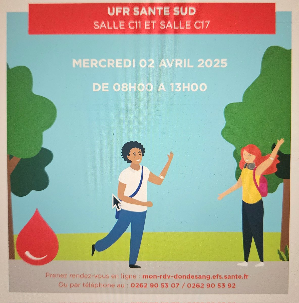 Le 02 avril, venez donner votre sang, venez sauver des vies.
Rendez-vous à l'UFR Santé à Terre-Sainte salles C11 et C17 de 08h à 13h.
On compte sur vous !

Université de La Réunion CHU de La Réunion Agence Régionale de Santé La Réunion - ARS La Réunion  EFS Olivier LAMOLY