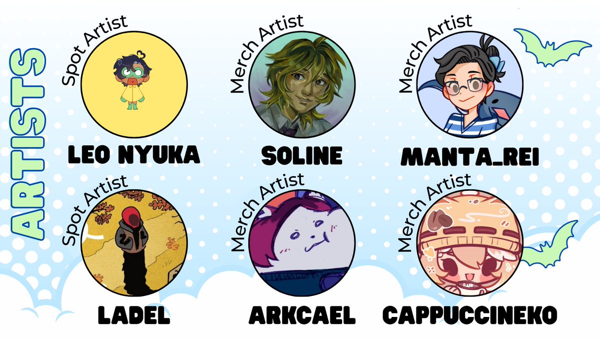 Spot Artist @/nyukaart (Tumblr)
Spot Artist <a href="/gr0uchland/">Ladel</a> 

Merch:
<a href="/samix_asb/">floppiest flop (I like guy gardner)</a> 
<a href="/manta_reii/">manta 🌻</a> 
<a href="/arkcael/">☘️pt</a> 
<a href="/cappuccinekoo/">☕Cappuccineko</a>