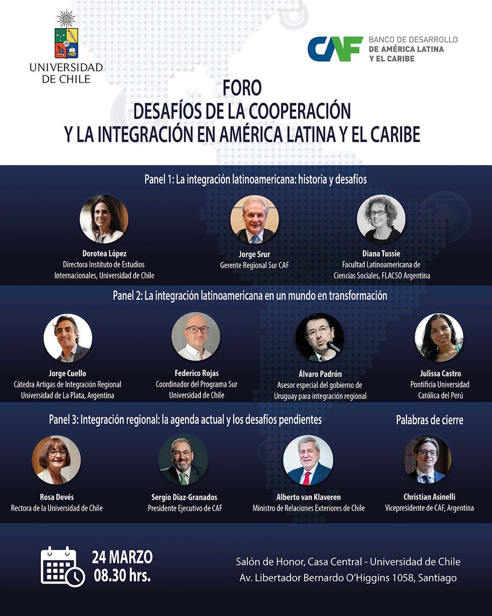 IEI U. Chile (@ieiuchile) on Twitter photo 🔹 ¡No te pierdas el Foro "Desafíos de la Cooperación y la Integración en América Latina y el Caribe"!
📅 Fecha: 24 de marzo
⏰ Hora: Desde las 8:30 hrs.
📍 Lugar: Salón de Honor, <a href="/uchile/">Universidad de Chile</a>
Si deseas participar inscríbete aquí: docs.google.com/forms/d/e/1FAI… 🔹 ¡No te pierdas el Foro "Desafíos de la Cooperación y la Integración en América Latina y el Caribe"!
📅 Fecha: 24 de marzo
⏰ Hora: Desde las 8:30 hrs.
📍 Lugar: Salón de Honor, <a href="/uchile/">Universidad de Chile</a>
Si deseas participar inscríbete aquí: docs.google.com/forms/d/e/1FAI…