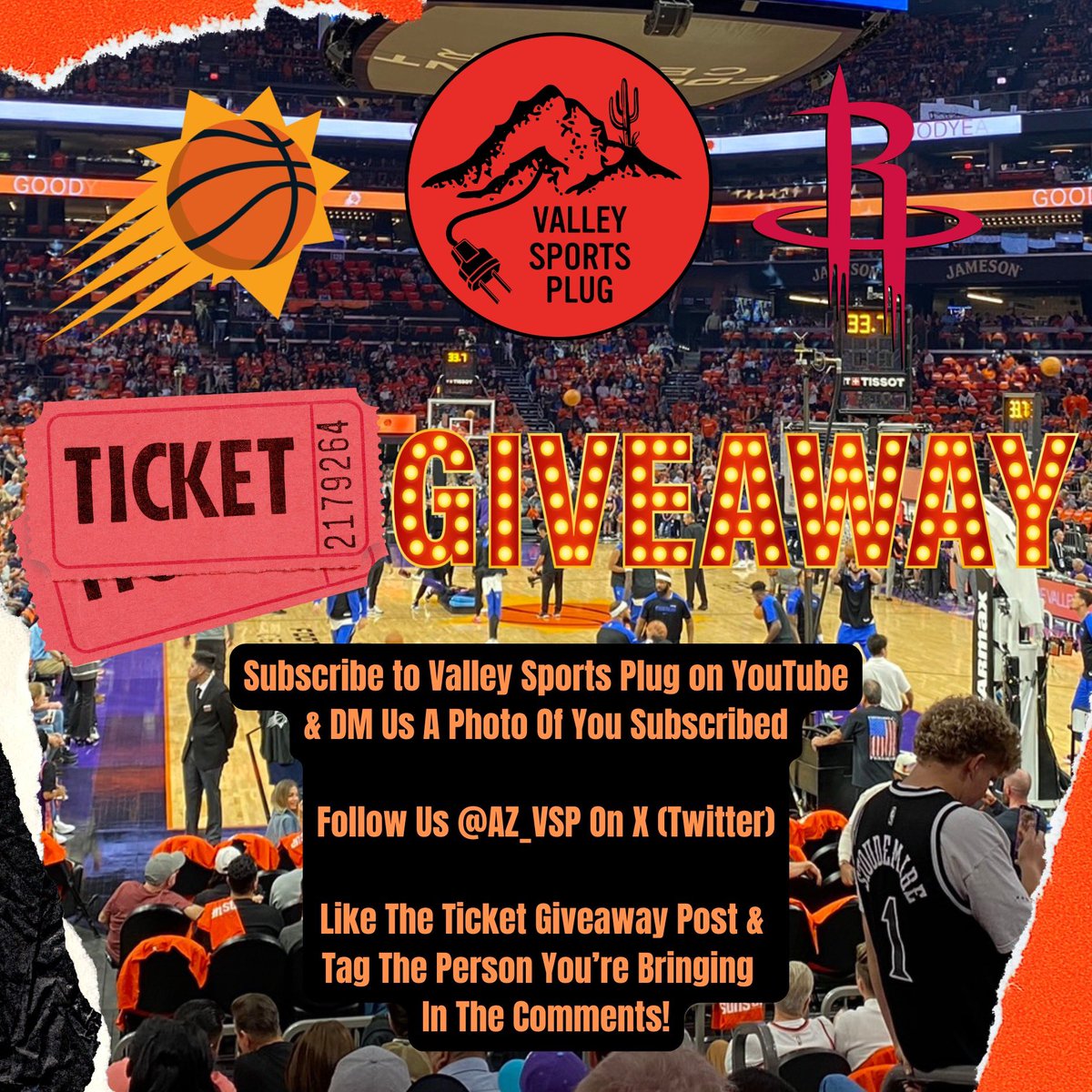We’re giving away 2 FREE Tickets &amp; Parking Pass to <a href="/Suns/">Phoenix Suns</a> vs <a href="/HoustonRockets/">Houston Rockets</a> on March 30th (Section 109 Row 11) 🎟️

Contest Rules In Post Below ⬇️ 

Valley Sports Plug YouTube Channel 🔌
youtube.com/@valleysportsp…

Don’t forget to Follow, Like &amp; Tag!

Winner will be chosen 3/28/2025
