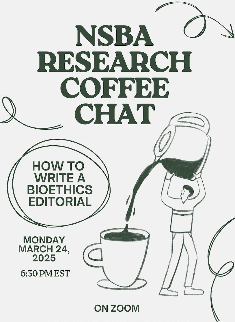 National Student Bioethics Association (@nsbioethics) on Twitter photo Sign up to be part of NSBA (it's free!) and join us on Monday for the monthly virtual coffee chat hosted by the NSBA Research Committee! ☕️ Sign up to be part of NSBA (it's free!) and join us on Monday for the monthly virtual coffee chat hosted by the NSBA Research Committee! ☕️